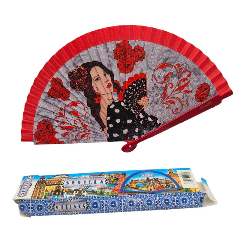 Vtg decorative Spanish flamenco hand fan featuring a painted dance